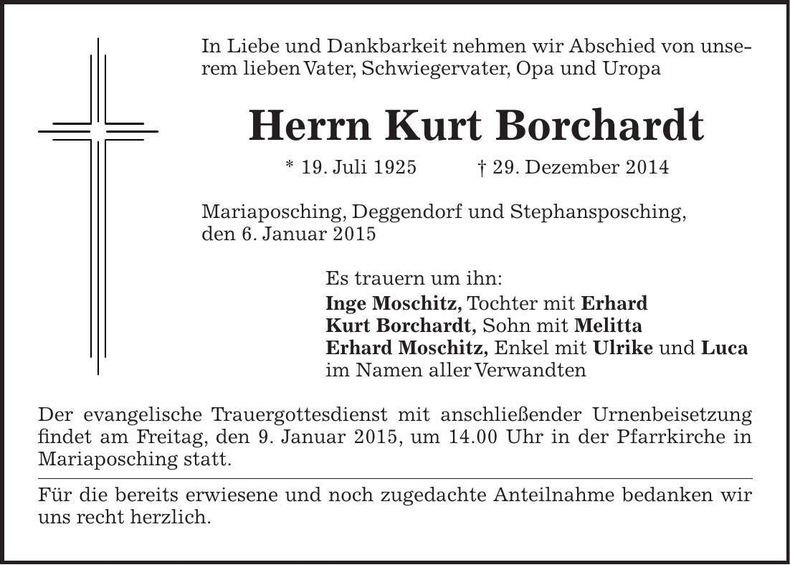 Traueranzeige Kurt Borchardt