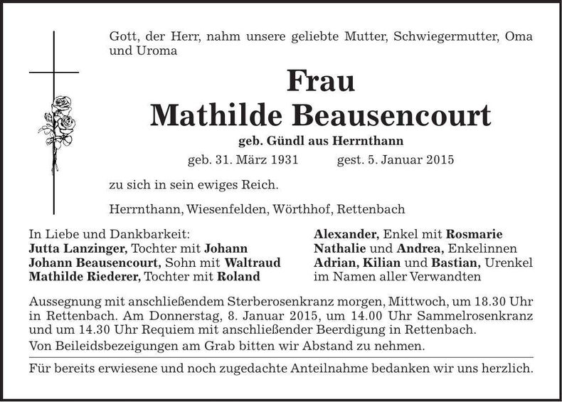Traueranzeige Mathilde Beausencourt