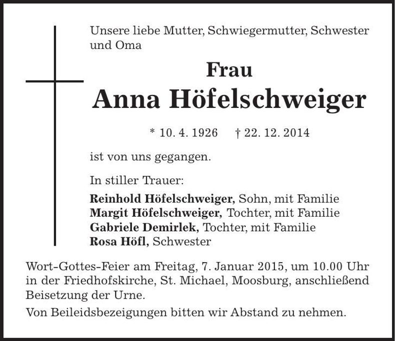 Traueranzeige Anna Höfelschweiger