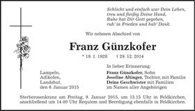 Traueranzeige Franz Günzkofer