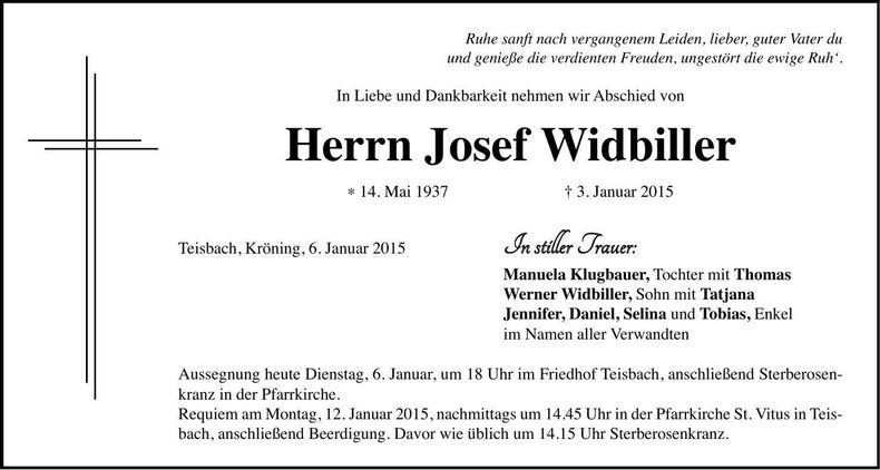 Traueranzeige Josef Widbiller