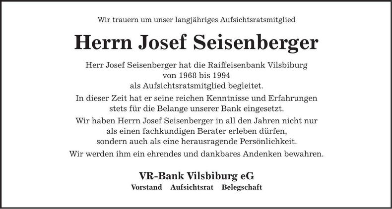 Traueranzeige Josef Seisenberger