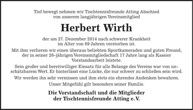 Traueranzeige Herbert Wirth