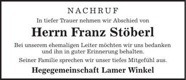 Traueranzeige Franz Stöberl