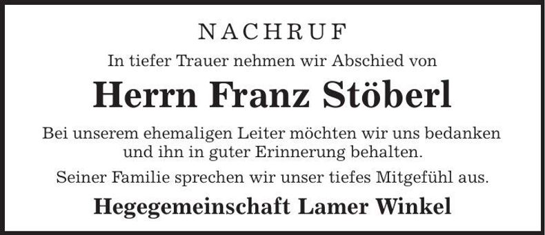 Traueranzeige Franz Stöberl