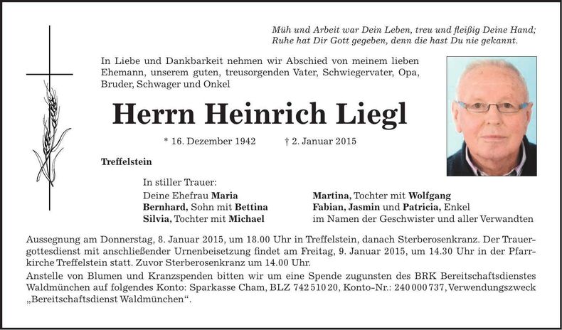 Traueranzeige Heinrich Liegl