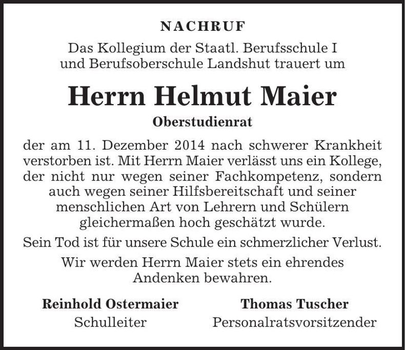 Traueranzeige Helmut Maier
