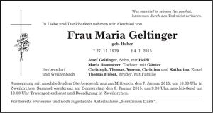 Traueranzeige Maria Geltinger