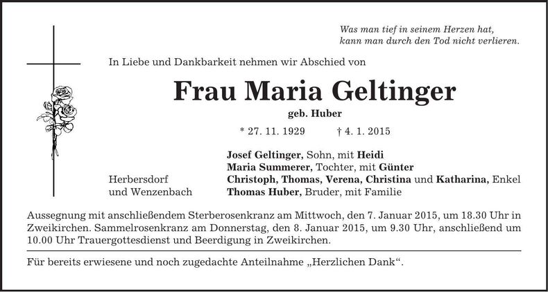 Traueranzeige Maria Geltinger