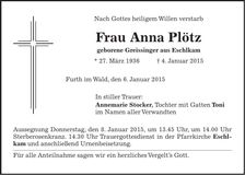 Traueranzeige Anna Plötz