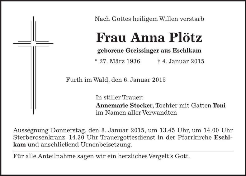 Traueranzeige Anna Plötz