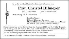 Traueranzeige Christel Hilmeyer