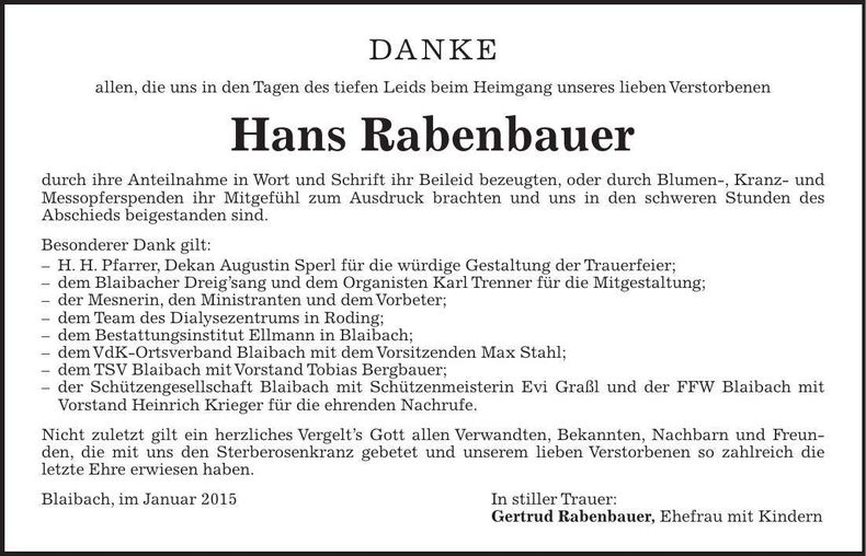Traueranzeige Hans Rabenbauer