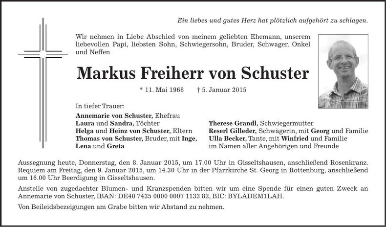 Traueranzeige Markus Freiherr von Schuster