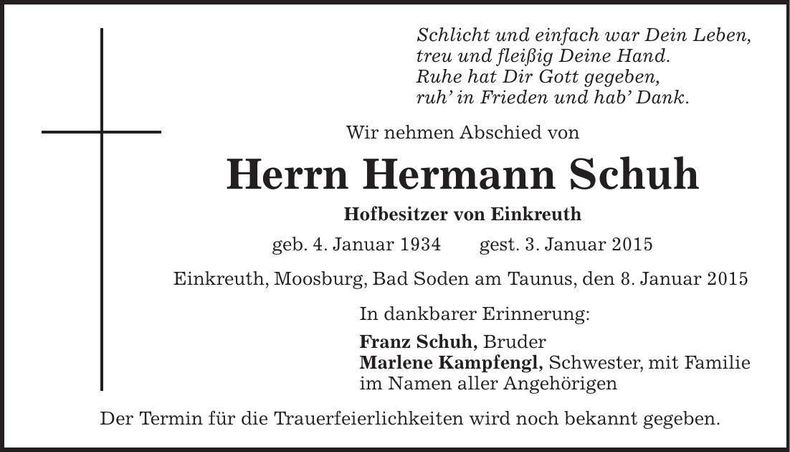 Traueranzeige Hermann Schuh