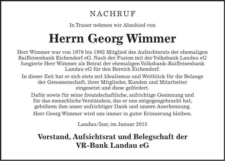 Traueranzeige Georg Wimmer