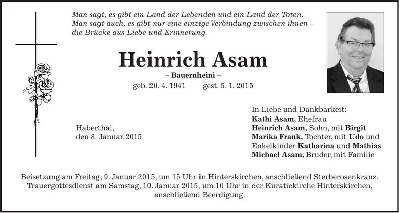 Traueranzeige Heinrich Asam