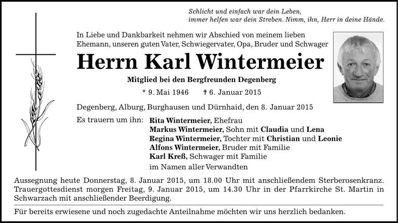 Traueranzeige Karl Wintermeier