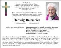 Traueranzeige Hedwig Reitmeier