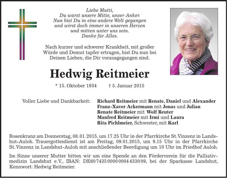 Traueranzeige Hedwig Reitmeier