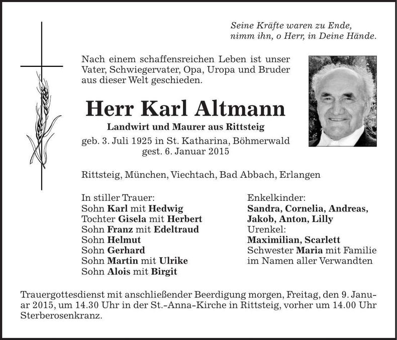 Traueranzeige Karl Altmann