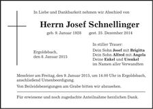 Traueranzeige Josef Schnellinger