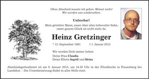 Traueranzeige Heinz Gretzinger