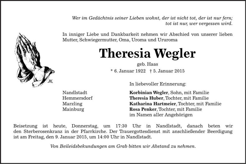 Traueranzeige Theresia Wegler