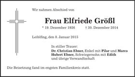 Traueranzeige Elfriede Größl