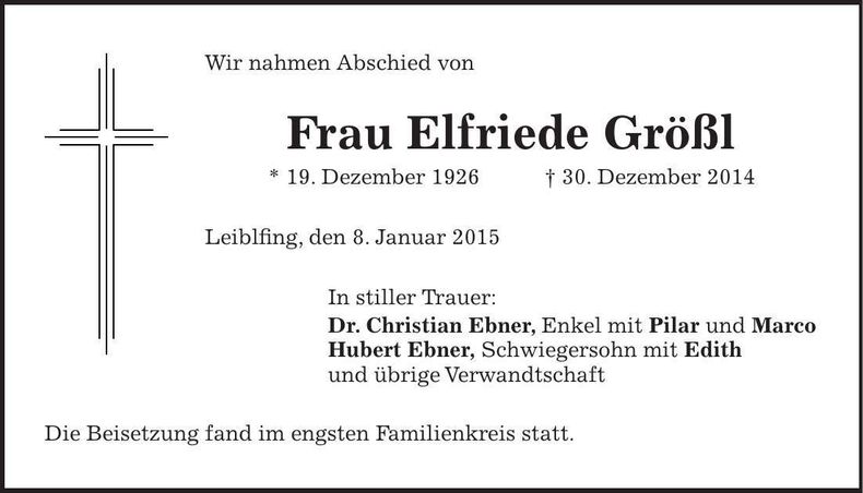 Traueranzeige Elfriede Größl