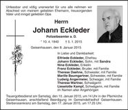 Traueranzeige Johann Eckleder