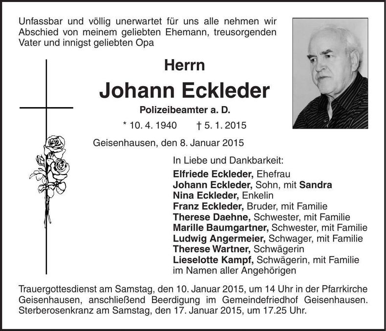 Traueranzeige Johann Eckleder