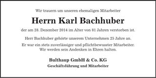 Traueranzeige Karl Bachhuber