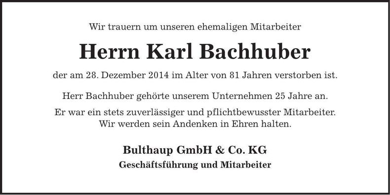 Traueranzeige Karl Bachhuber