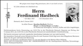 Traueranzeige Ferdinand Haslbeck
