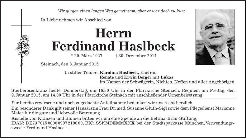 Traueranzeige Ferdinand Haslbeck