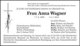 Traueranzeige Anna Wagner