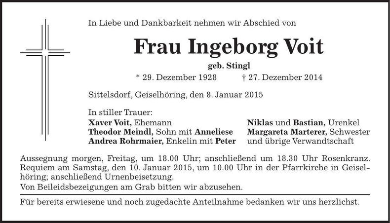 Traueranzeige Ingeborg Voit