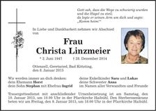 Traueranzeige Christa Linzmeier