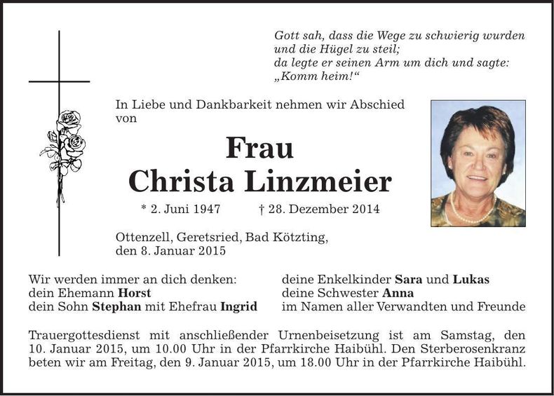 Traueranzeige Christa Linzmeier