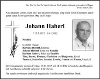 Traueranzeige Johann Haberl