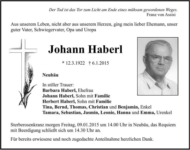 Traueranzeige Johann Haberl