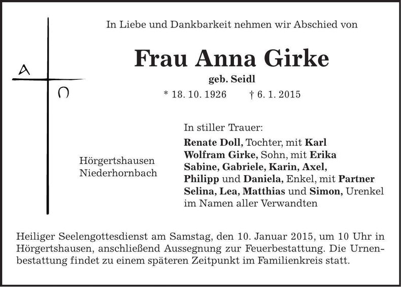 Traueranzeige Ânna Girke