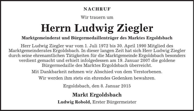 Traueranzeige Ludwig Ziegler