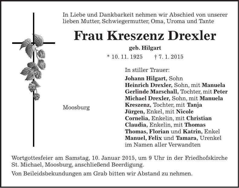 Traueranzeige Kreszenz Drexler