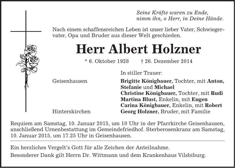Traueranzeige Albert Holzner