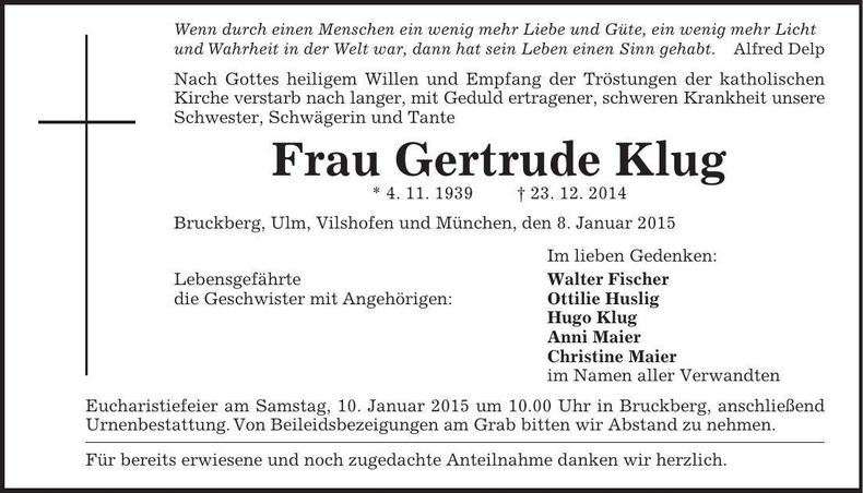 Traueranzeige Gertrude Klug