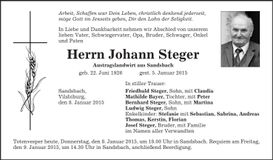 Traueranzeige Johann Steger