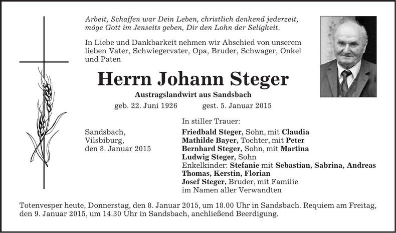 Traueranzeige Johann Steger