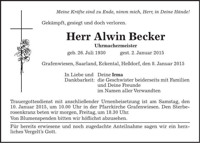 Traueranzeige Alwin Becker